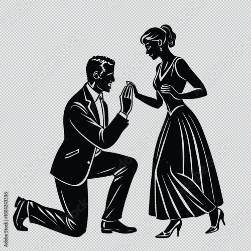 Vintage Retro Style Marriage Proposal Vector Silhouette. Man Kneeling and Offering Engagement Ring to Woman Graphic Illustration.