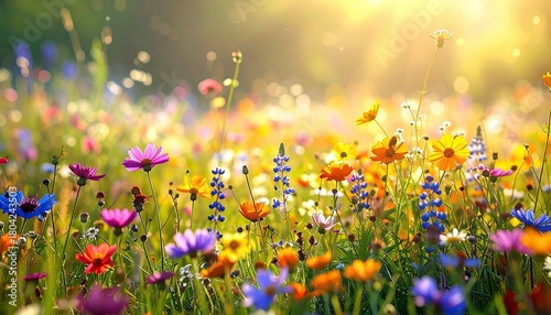 A sun-drenched meadow bursts with a variety of colorful wildflowers, creating a picturesque natural scene.