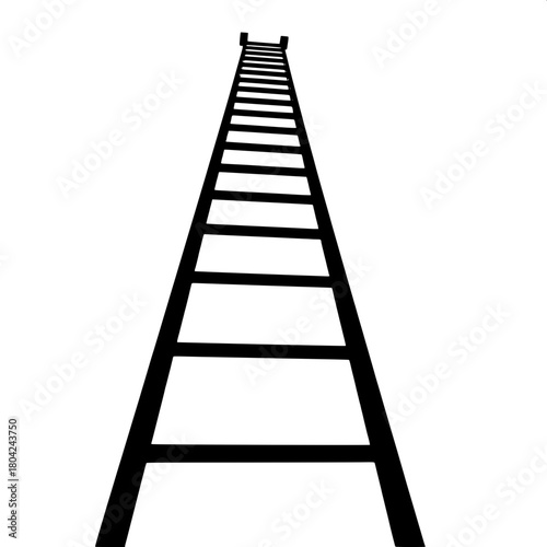 A stylized black silhouette of a ladder viewed from a low perspective, making it appear taller and more dramatic, with bold lines and sharp edges, set against a clean and empty white background that c