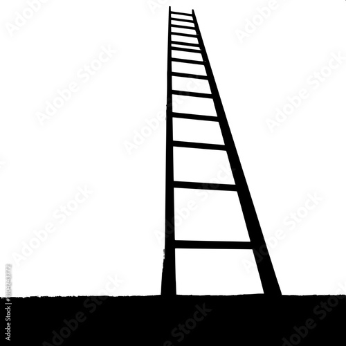 A stylized black silhouette of a ladder viewed from a low perspective, making it appear taller and more dramatic, with bold lines and sharp edges, set against a clean and empty white background that c