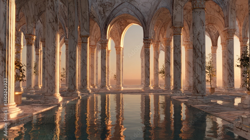Obraz premium A grand, ornate hall with marble columns, arches, a pool, and serene ocean view