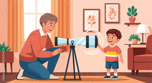 Dad and son exploring stars with telescope at home, fostering curiosity and learning, perfect for family time and educational resources