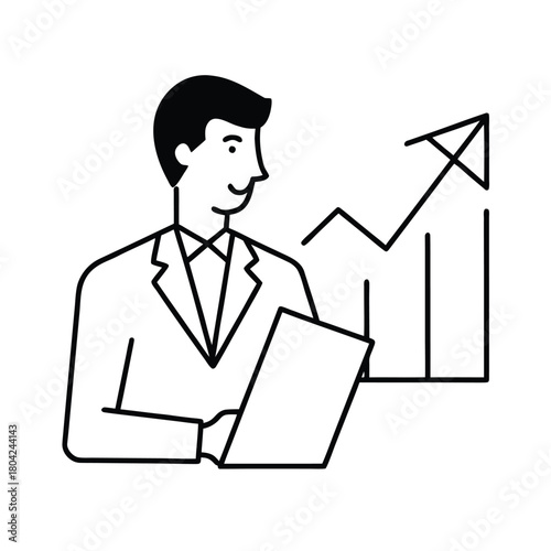 Ceo Reviewing Sales Analytics And Market Performance vector line art on white background
