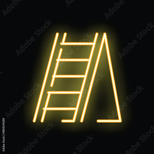 Yellow glowing neon sign depicting a step ladder leaning against a wall in the dark
