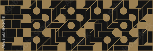 An abstract seamless pattern with geometric shapes in black and gold colors forming a complex design