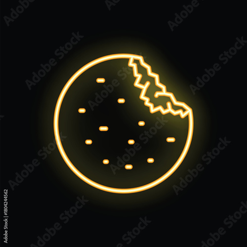 Glowing neon icon of a bitten chocolate chip cookie is featured on a black brick wall