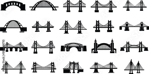 Bridge silhouette vector set, black architectural icons, suspension, arch, cable-stayed, truss designs, engineering shapes, stock graphic, construction art