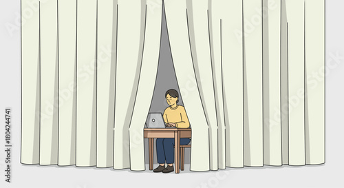Focused professional working remotely behind elegant curtains, creating an atmosphere of privacy and concentration in an otherwise open space