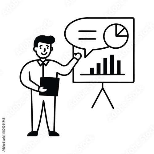 Corporate Strategist Presenting Business Intelligence vector line art on white background