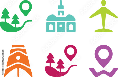 Various colorful icons representing travel and destinations