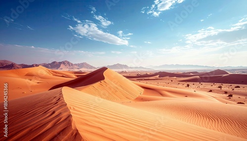 Fototapeta Naklejka Na Ścianę i Meble -  A sweeping vista of golden sand dunes stretches across the horizon, with rugged mountains in the distance under a bright blue sky.