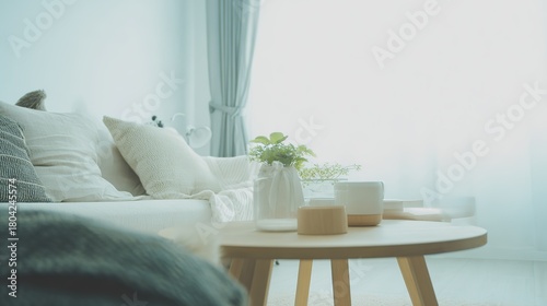 scandinavian. Scandinavian living space with minimalist furniture and a pastel color palette. real-estate listings.