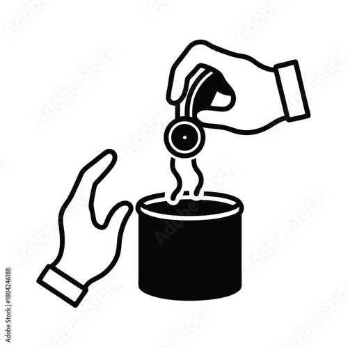 Hands Holding Coins And Putting Them Into Money Box vector line art on white background