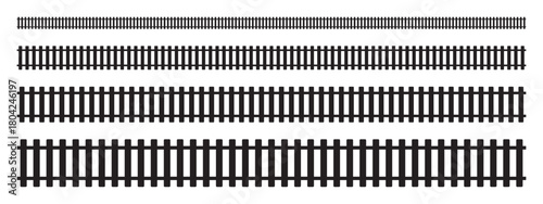 Set of railroad parts. Straight traintrack elements in top view isolated on white background. Railway borders. Fence or ladder texture. Vector graphic illustration