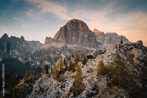 Sunset at Tofane mountains group. Dolomites, Cortina d'Ampezzo, Veneto, Italy.