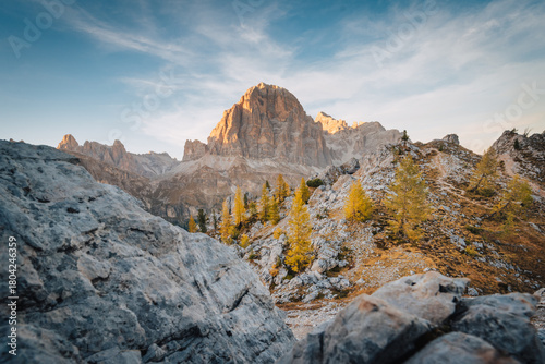 Sunset at Tofane mountains group. Dolomites, Cortina d'Ampezzo, Veneto, Italy.