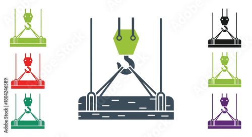 Illustrative set of lifting slings and crane hooks in varying colors