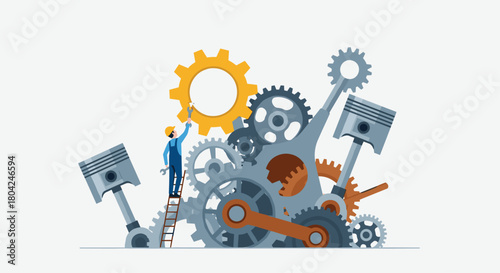 Skilled mechanic fine tunes complex machinery with precision tools, symbolizing innovation and engineering excellence