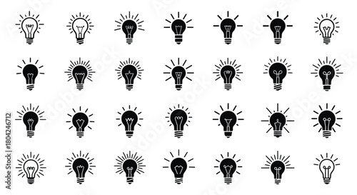 Collection of various black and white light bulb icons different styles displayed