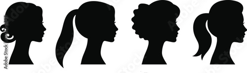 “Collection of female head silhouettes showing different hairstyles in elegant black vector style for beauty, fashion design, profile illustration and artwork”