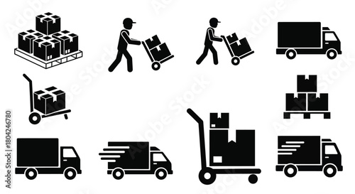 Delivery service icons depicting boxes trucks and workers handling freight