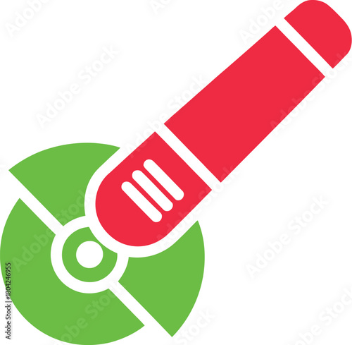 A graphic of a red and green angle grinder on white background