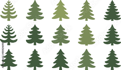 “Flat vector illustration of stylized evergreen trees, simple pine tree silhouettes, minimal forest icons for nature design, CAD drawing aesthetic”