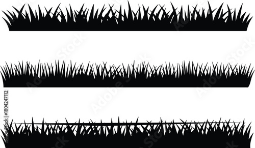 “Grass silhouette border set with dense sharp meadow blades for natural design elements and decoration, cad drawing flat vector illustration”