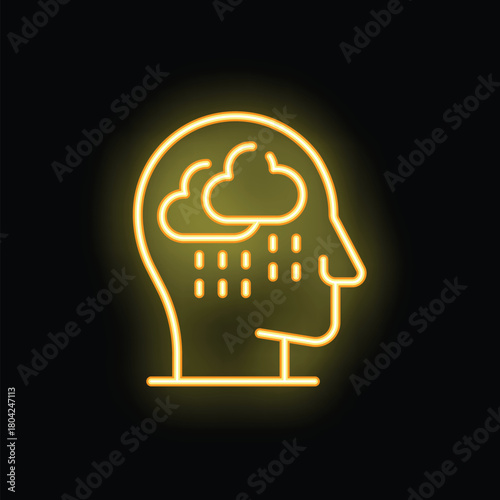 Neon sign depicting a human head silhouette with raining clouds inside, symbolizing negative emotions