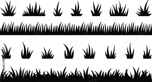 “Grass silhouette set with isolated blades and lawn borders for nature and landscape design elements, cad drawing flat vector illustration”