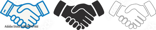 “Handshake agreement icons in outline, solid and colored vector styles representing partnership, business deal, teamwork and successful cooperation”