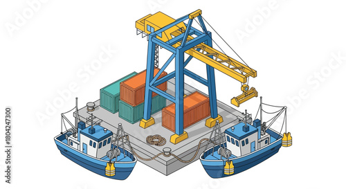 Isometric illustration of a harbor with shipping containers and tugboats