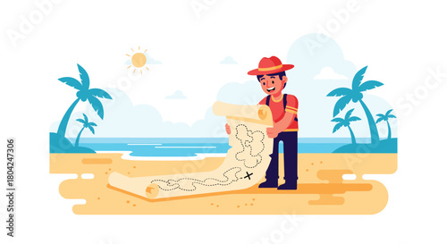 Excited young explorer with treasure map on tropical beach, seeking adventure under sunny skies