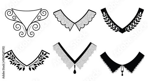 Variety of decorative collar designs in black and white illustrations