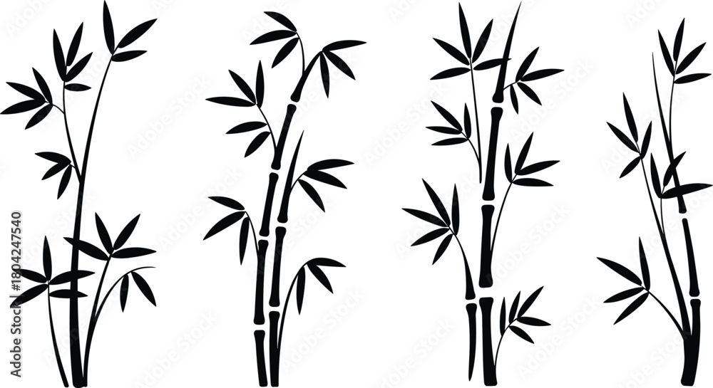 Naklejka premium Bamboo plant silhouette collection with elegant leaves and stems in minimal black style for nature decoration and design, cad drawing flat vector illustration