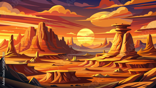 Very beautiful sunset over the hoodoo rock formations in Ah-Shi-Sle-Pah Wilderness, New Mexico, casting warm golden and orange hues across the rugged desert landscape and highlighting the unique geolo