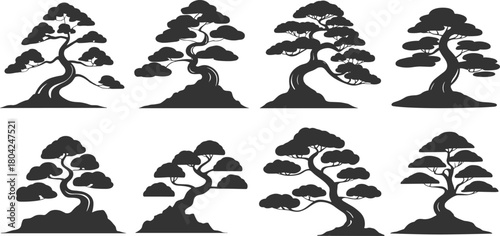 “Stylized bonsai tree silhouette collection with artistic curved trunks and foliage, elegant black vector illustration set for nature and design concepts – cad drawing flat vector illustration”