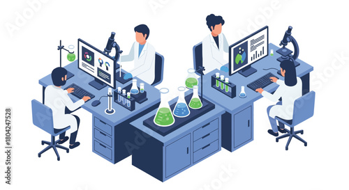 Scientists collaborating in a modern laboratory setting conducting experiments and research