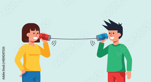 Joyful kids sharing secrets and ideas through a playful string telephone, fostering connection and imagination