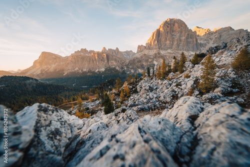 Sunset at Tofane mountains group. Dolomites, Cortina d'Ampezzo, Veneto, Italy.