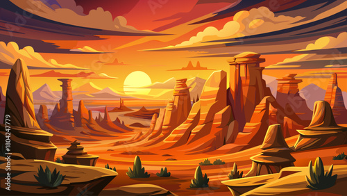 Very beautiful sunset over the hoodoo rock formations in Ah-Shi-Sle-Pah Wilderness, New Mexico, casting warm golden and orange hues across the rugged desert landscape and highlighting the unique geolo