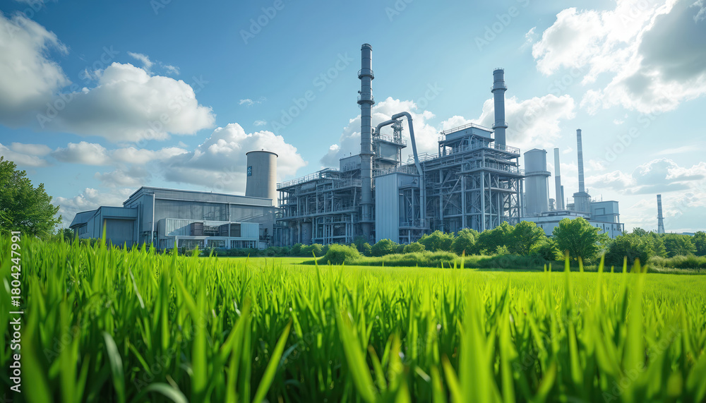 Obraz premium Biomass power plant generates clean energy from organic matter. Industrial factory complex stands in rich green field under blue sky. Sustainable production of renewable electricity, eco friendly