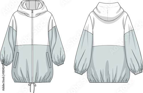 Color-blocked hooded jacket technical flat sketch with front zipper, elastic cuffs, drawstring hem, spacious sleeves, and clean vector illustration