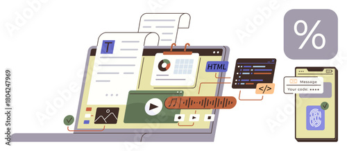 Laptop displaying charts, files, media, and code snippets connected to mobile app and percentage figure. Ideal for technology, coding, software development, teamwork, UIUX multitasking simple flat