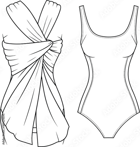 Draped wrap swimsuit fashion flat sketch with front body illustration, detailed technical drawing of elegant one-piece swimwear design template