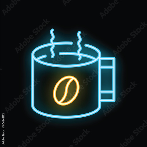 Blue and yellow neon sign showing a steaming coffee mug with a coffee bean symbol on a black background