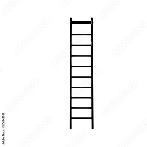 A flat black silhouette of a slender aluminum household ladder is centered on a pristine blank white background, its top arch and linear steps creating a balanced and minimalist composition, with the 