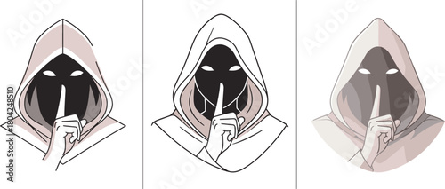 Mysterious hooded person making a quiet gesture with one finger raised