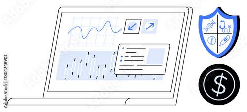 Laptop displaying analytics, currency symbol, and healthcare shield. Ideal for health technology, finance, data analysis, security, medical research, investment strategies simple flat metaphor