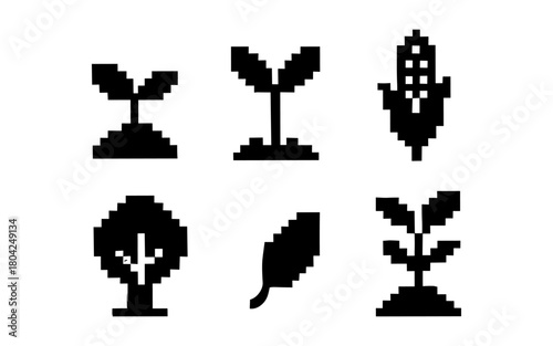 Pixelated plant and nature icons in minimalist black design